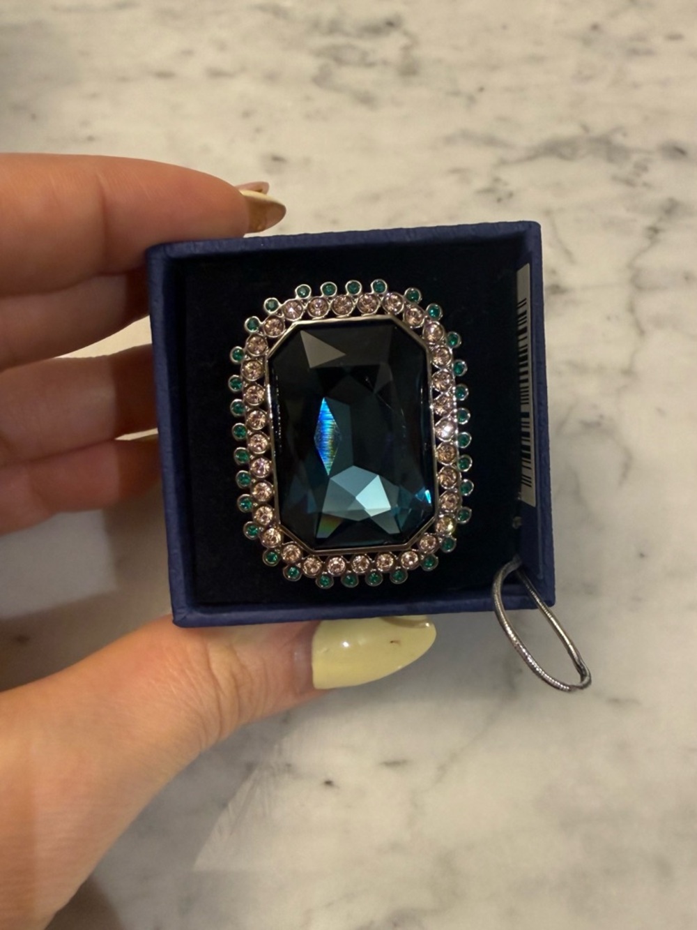 Swarovski Large Emerald-Cut Teal Cocktail Ring with Rhinestone Halo